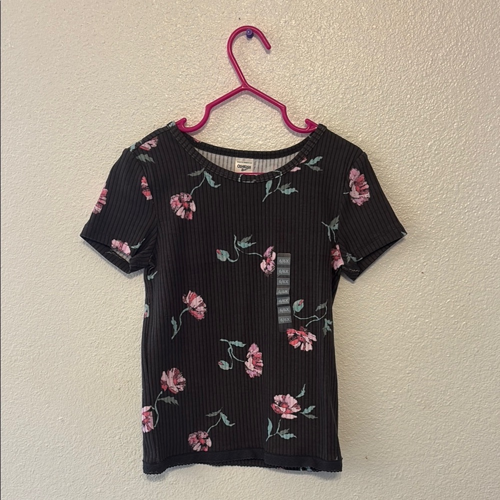 Floral Black Ribbed T-Shirt